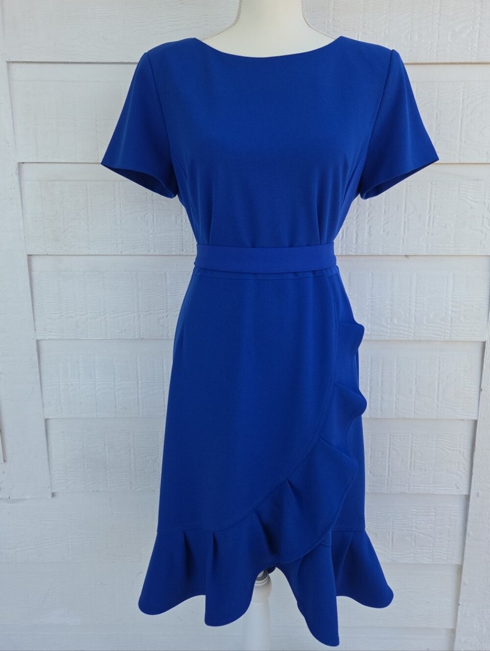 Calvin Klein Royal Blue Ruffle Hem Belted Dress Size 12 Knee Length